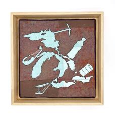 appliqued and quilted depiction of the great lakes as seen from above, merged with images of a minig pick, boat, water bottle, steel beam, and a gas barrel.