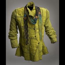 bubble silk that has been dyed green. Applique dyed the same green and applied to jacket. Scarf that has been multi dyed with applique.