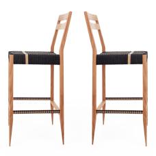 barstool made from white oak and a seat woven with two colors of danish cord  side rungs are carved on the bandsaw and details highlighted with black paint.