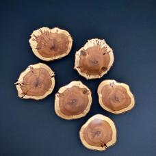 Pacific Northwest Yew  cut across the grain reveals the lovely contrasts of orange heartwood and creamy sapwood. Perfect to hold small precious objects .