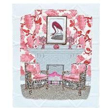 textile piece depicting a room with a fireplace, two chairs, and a picture of a flamingo