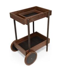 this bar cart features coopered wheels and bandsaw carved legs with black accents. the bottoms of each finger-jointed box are lined with black cork. the top tray is removable for easy serving. a bandsaw carved handle on top box and little brass wheels on the front makes for easy maneuvering