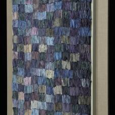 Handmade paper is pigmented  double-sided  folded and attached to a linen backing. Artwork has a different design depending on being viewed from left or right.