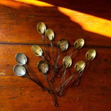 A grouping of Dessert and Foliage spoons  forged in brass with blackened stainless steel handles. The Foliage spoons are shown with Fern and Burberry motifs in tinned and antique brass. The Dessert spoons are shown in raw brass.