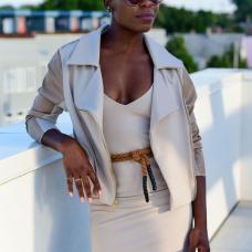 This modern Luxe Moto Jacket has full asymmetrical zip  shoulder epaulets  faux leather sleeves  and side seam pockets. Made out of Ponte knit  this piece is extremely comfortable  durable  and versatile.