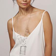 Squares of kinetic stainless steel cable woven with sterling silver tubing to create a flexible and light geometric pendant with a special handcrafted chain.