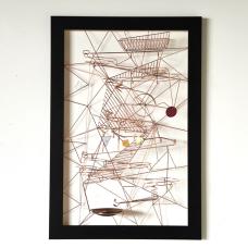 Wall-mounted copper wire kinetic sculpture in wooden frame. Marbles can be taken from the copper bowl and dropped into the top of the sculpture to see them wind down the sculpture interacting with four moving elements.