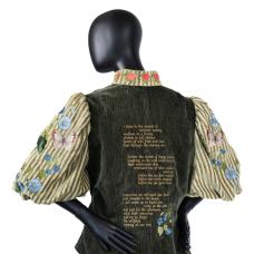 Jacket constructed with mill end and vintage fabrics. Custom embroidery and poem examines the emotional effects of global climate change.