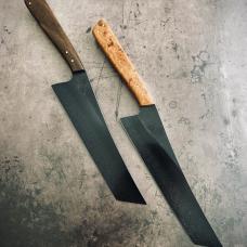 7&amp;quot; tanto tip nakiri vegetable knife. etched 52100 high carbon steel with stabilized wood scales and brass pins.