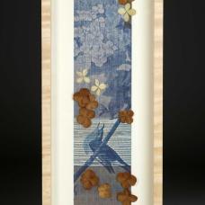 Cyanotype on handwoven silk  copper and antique text with hydrangeas  stitched.
