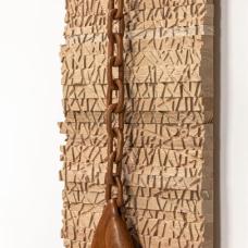 Materials: Red oak (background)  Weeping Cherry (hand and chain).