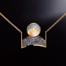 Perigee Agate Pendant with diamonds  Gibeon Meteorite  18k and 14k. Fabricated and etched.