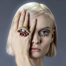 This series is inspired by the theme of the Evil Eye  and the handwoven ring comes in fine 24K gold plated seed beads  water pearls and aquamarine. This is a limited edition collection  available in various sizes and colors.