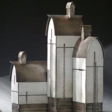 Fabricated object of sterling silver and traditional  kiln-fired glass enamel on copper. Interior skeleton of nickel silver. No casting  no production techniques. Old-school handwork.