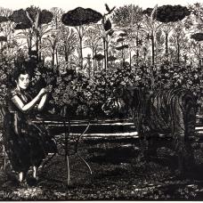 Single sheet of black paper cut with scissors mounted on matting board. A millefleur period inspired art piece  deliberately obscure and mysterious.