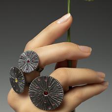 sterling silver oxidized textural shield rings with rubies and yellow sapphires