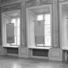 four 2D vestments hung in a meeting hall of Vilnius Art Academy of Lithuania