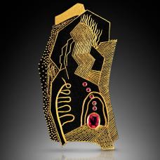 Po Mok Sang Guem (Korean Damascen 24K inlaid on Steel) Work. 24K Inlaid on Steel with Ruby. Brooch and Pendant.