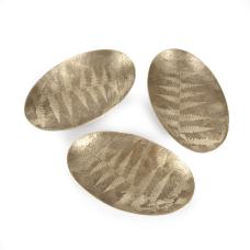 Meant for use as a catch-all  spoon rest  or serving dish. Each are hand formed in brass with photo-etched fern motifs. A light antique brass patina deepens the surface design and adds to the timeless beauty of these pieces.