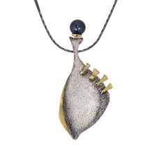 Beauty uplifts our spirits and touches our hearts. It will save the world. This rough textured necklace is from Aleksandra Vali's ''Forgotten in Time Collection'' Collection. It has a unique clasp. It is handmade in oxidized sterling silver  accented with 18 k gold and finished with Akoya pearl.