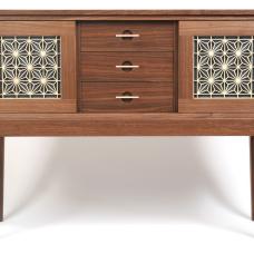 Walnut sideboard featuring sliding basswood kumiko panel doors backed with blue crinkled Momigami paper.