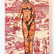 embroidered bird person on  vintage toile decor fabric.