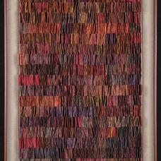 Double-sided handmade abaca/linen paper  pigmented in tones of red and brick. Folded and cut  assembled. Shown in red painted wood shadow box