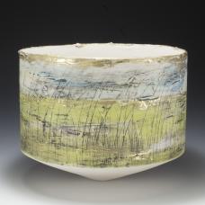Porcelain vessel with fine brushwork in green, blue and accents of gold.