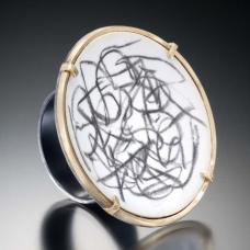 Ring. Hand fabricated. Vitreous enamel  enamel pencil  18K gold  fine silver  oxidized silver. Fabricated.