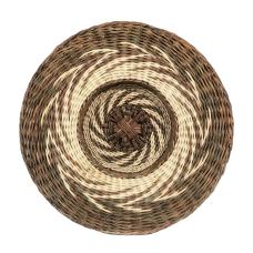 round Rattan basket in  white, brown and gold tones.