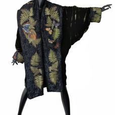 Cocoon coat constructed using mill end and vintage fabrics. Custom embroidery and quote by Jacques Lacarriére (1925-2005) written in English and Arabic calligraphy: &amp;quot;I've known it since childhood but now I can no longer question it: trees speak.&amp;quot;