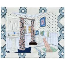textile piece depicting woman in bath against a patterned background