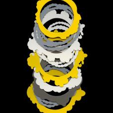 Bangle bracelets hand-pierced from 18g brass and powder coated various colors. Bracelet designs inspired by images and common motifs found in historical jewelry.