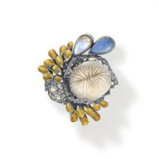 Brooch 18K Yellow gold  Sterling Silver  Mushroom Coral  Pearls  Moonstone  Labradorite