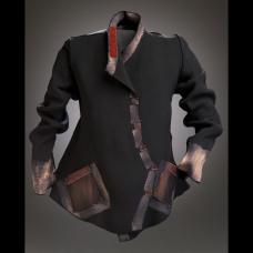 black silk with color removal trim. Applique at collar