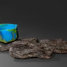 Pate de verre chawan on wood fired  hand dug North Carolina clay base.